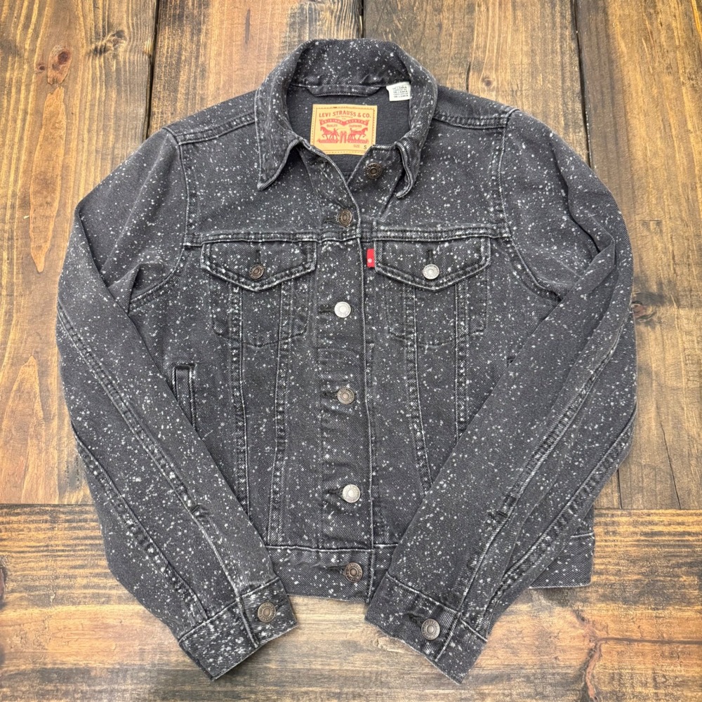 Levi Strauss Co Womens Black Speckled acid wash‎ Denim trucker Jacket Size Small